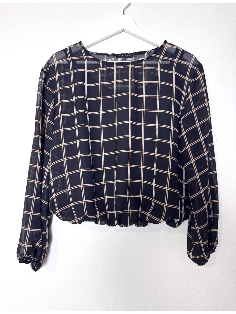 Pleione black sheer blouse tan pattern long sleeve gathered waist lined size S